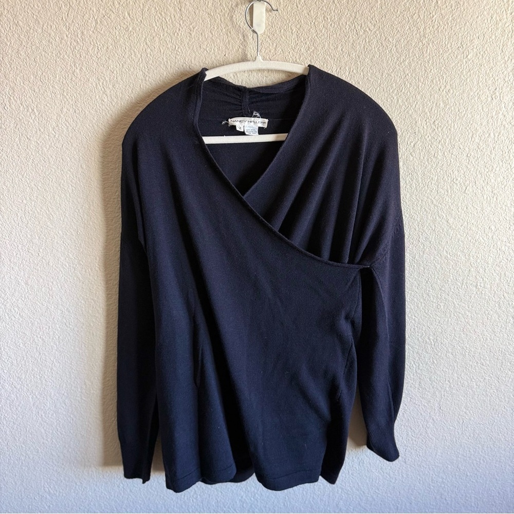 Vintage 90's Y2K 100% Wool Lightweight Wrap Sweater Black Designer Quit Luxury